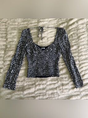 Reformation Russet top Navy Blue & White Smocked Long-Sleeve Scoop Top